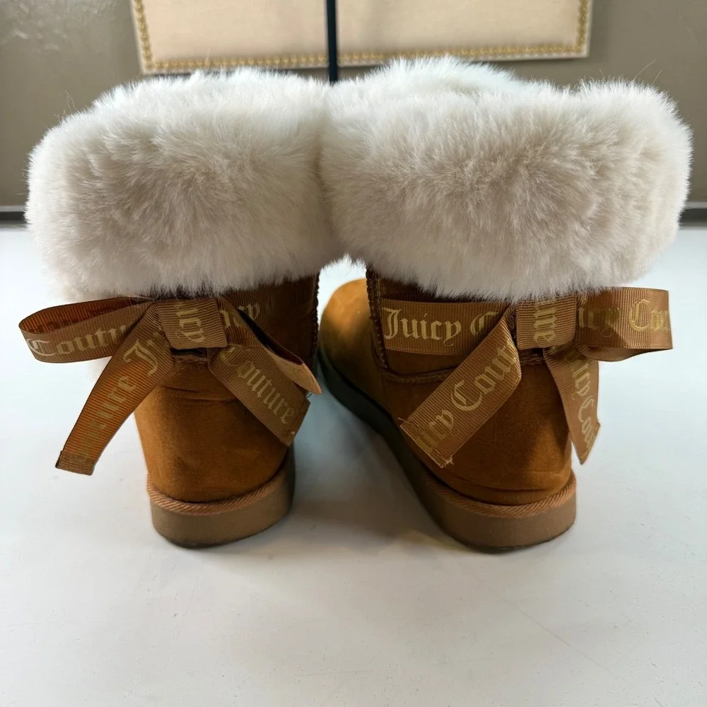 Juicy Couture Faux Fur Cuff Ankle Brown Boots Cozy Winter Style Women's Size 7